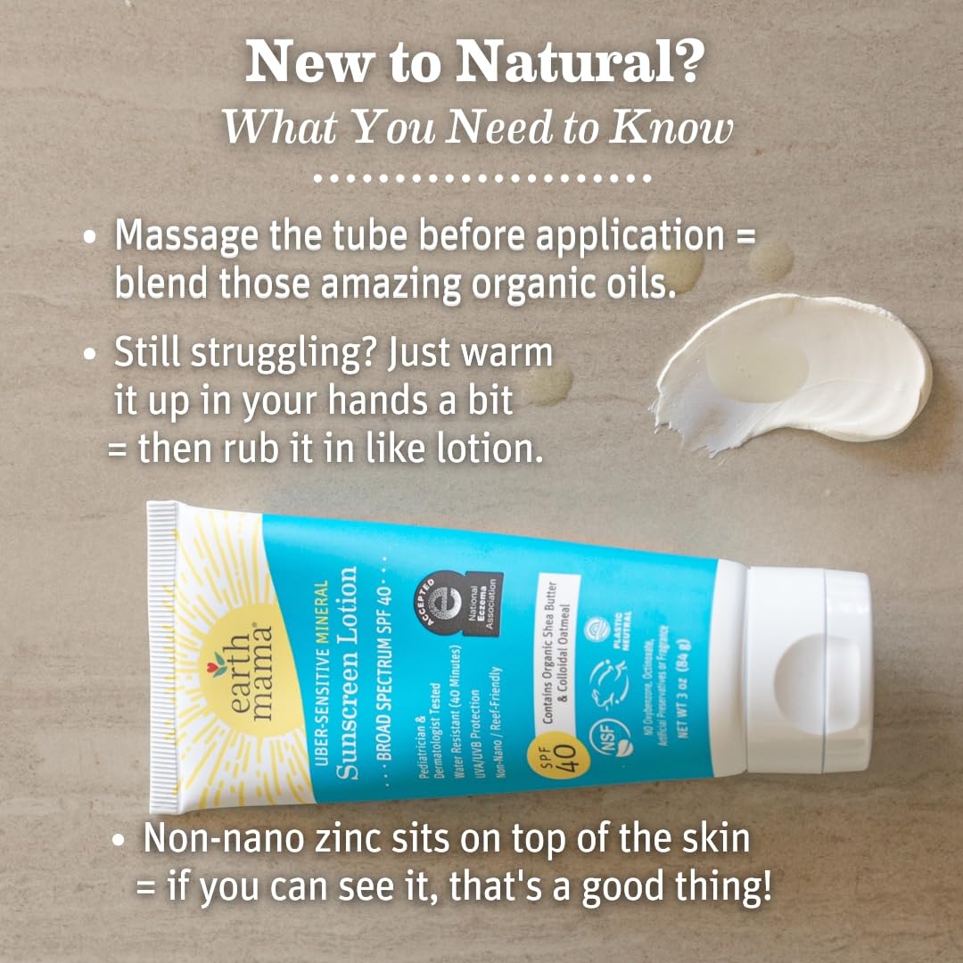 Earth Mama Uber Sensitive Mineral Sunscreen Lotion SPF 40-3oz 2pk - Non-Nano Zinc - Broad Spectrum Sunscreen for Sensitive Skin - Water Resistant Sun Protection for Babies, Kids & Adults