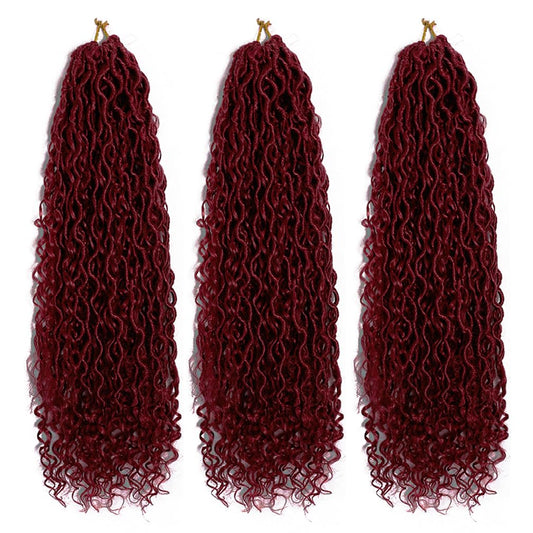 BALINGHAIR Goddess Locs Crochet Hair Burgundy 22 Inch 3 Packs Bohemian Faux Locs Crochet Hair With Curly Ends Pre Looped Hair Extensions 16 Roots/Pack(Bug)