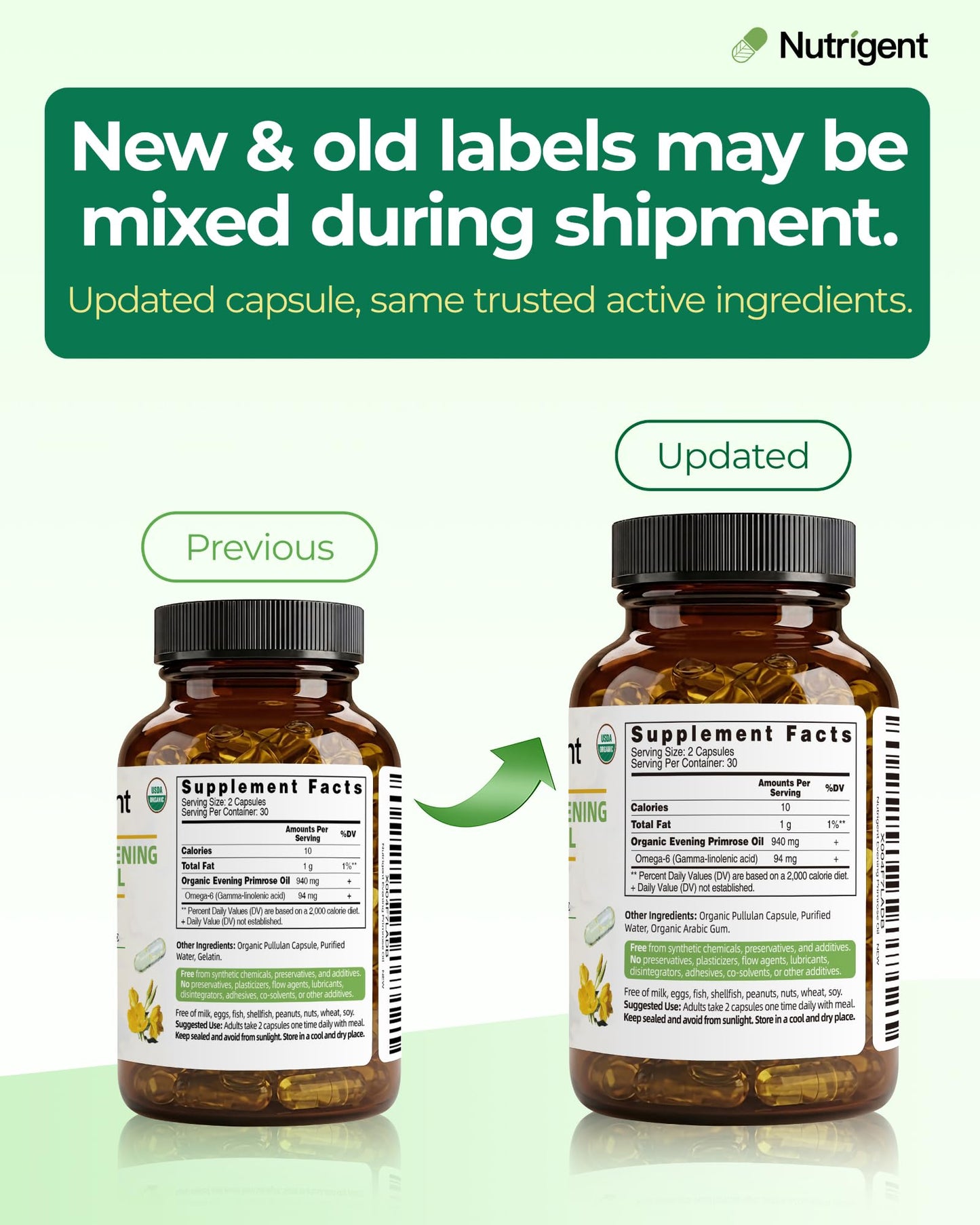 Nutrigent Organic Evening Primrose Oil Supplement, 940 mg 100% Pure with 10% GLA, High Absorption Liquid Organic Capsules, Promotes Women's Health & Skin Health, Cold Pressed, 60 Count