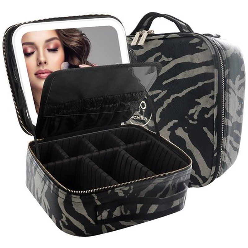 MOMIRA Travel Makeup Bag With LED Mirror,Train Case with Light up Mirror, Portable Makeup Artist Organizer Bag with Adjustable Dividers, Makeup Brush Holder Storage（Zebra Beige）