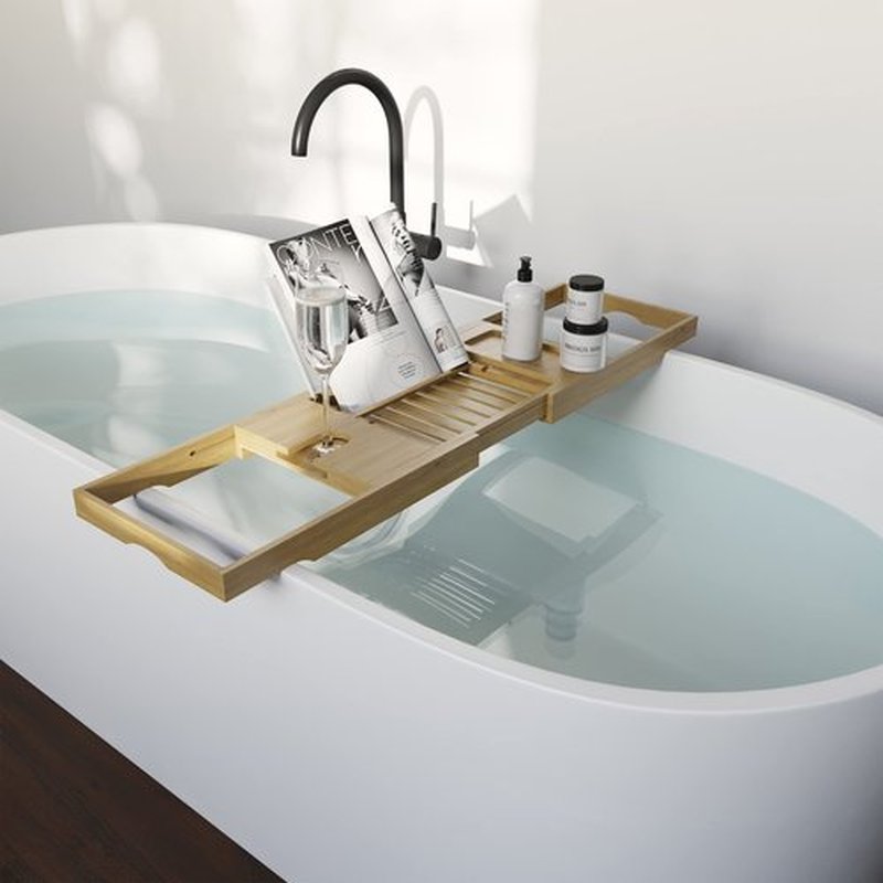Acacia Bathtub Tray - Natural Wood Tray with Extended Sides, Wine Glass Holder, Book, Phone, or Tablet Rest - for Bath Accessories by Home-Complete