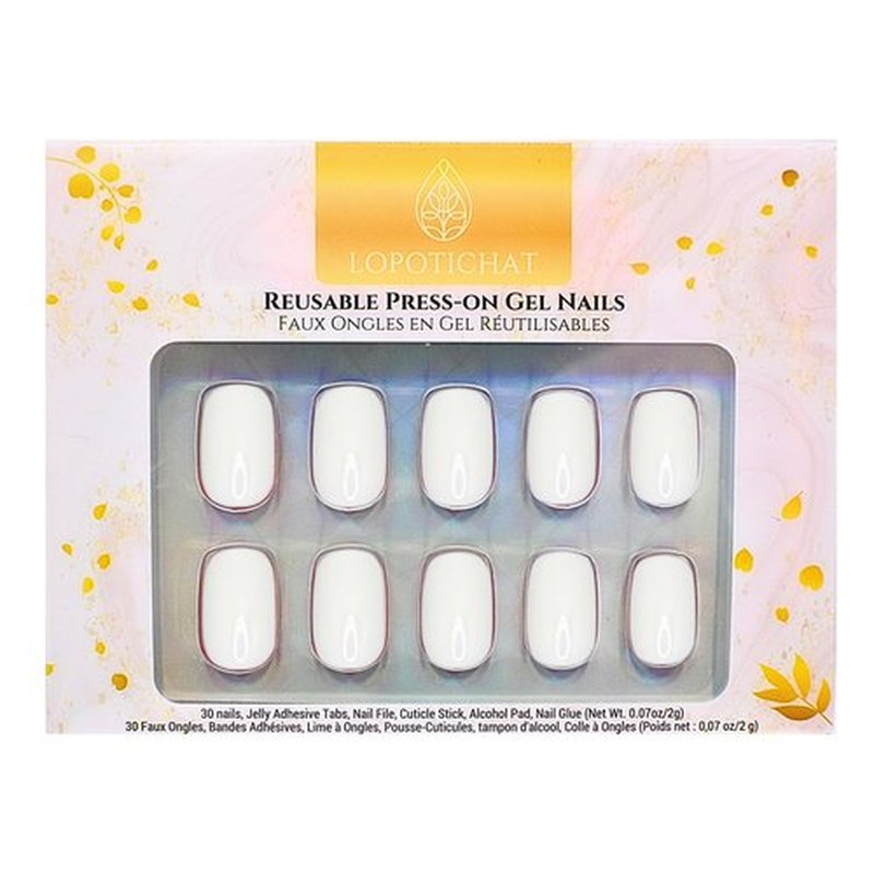 Lopotichat Ultra-Resistant Gel Press-On Nails Set - 30 Nails in 15 Sizes for Perfect & Natural Fit - Reusable Manicure for DIY Salon-Quality Nails at Home (White Gem)