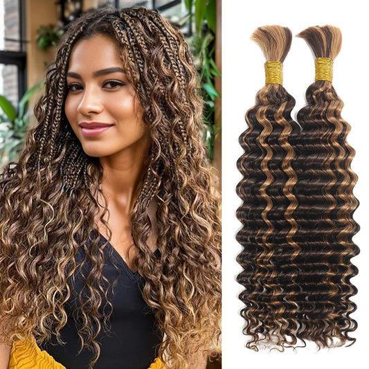 Braiding Hair 100g Honey Blonde Braiding Hair Deep Wave 2 Bundle Bulk Human Hair for Braiding Highlight Curly Hair Extensions for Boho Braids Wet and Wavy (Deep Bulk (4/27), 16 Inch/100g)