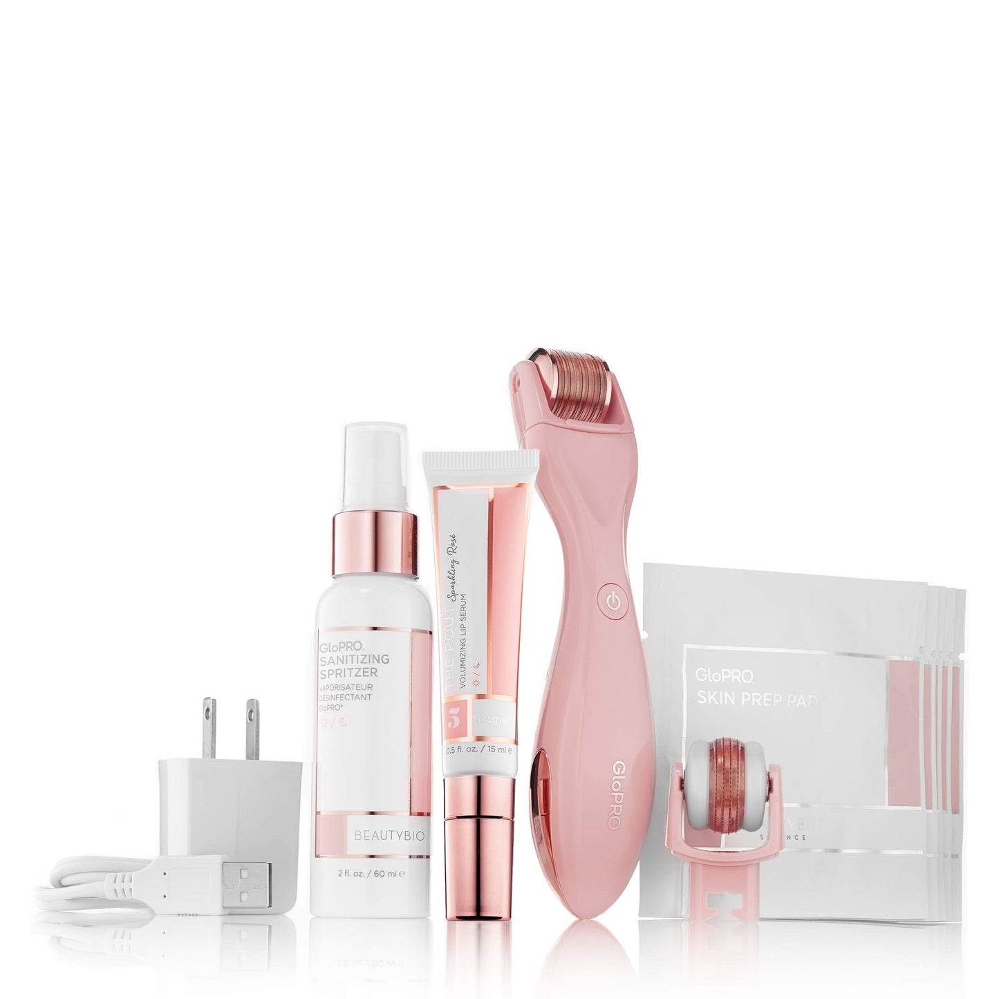 GloPRO BeautyBio Tool: Blush Crush Set. Face and Lip Microneedling Rejuvenation Tool plus The Pout Volumizing Lip Serum