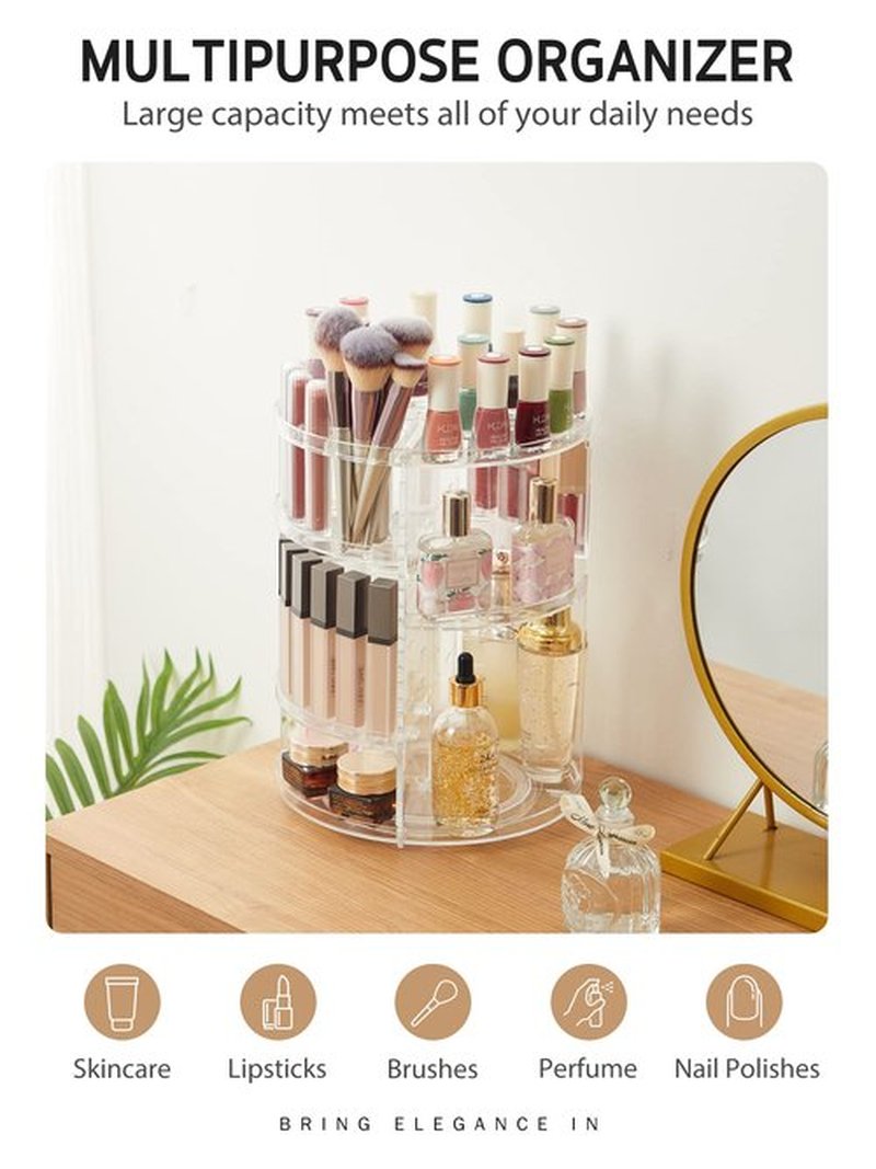 Syntus 360 Rotating Makeup Organizer, Adjustable Bathroom Makeup Spinning Storage Holder, Large Capacity Carousel Cosmetics Display Cases for Vanity, Skincare, Countertop Organization, Clear