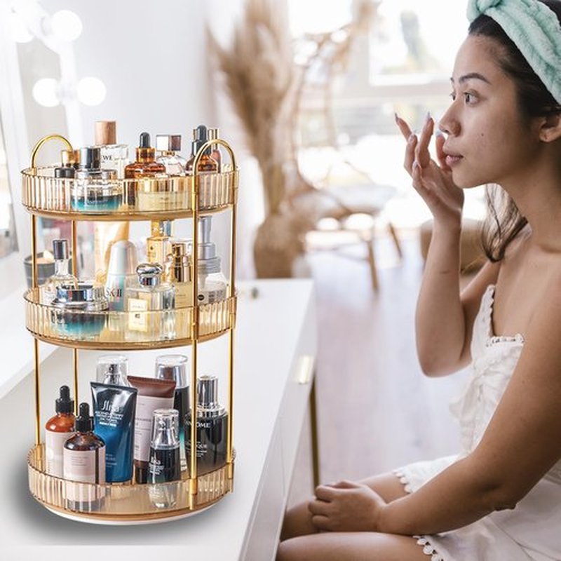 Zufudo Rotating Makeup Organizer 3 Tier Lazy Susan Trays Skincare Perfume Organizer for Bathroom Counter Vanity, Amber Gold