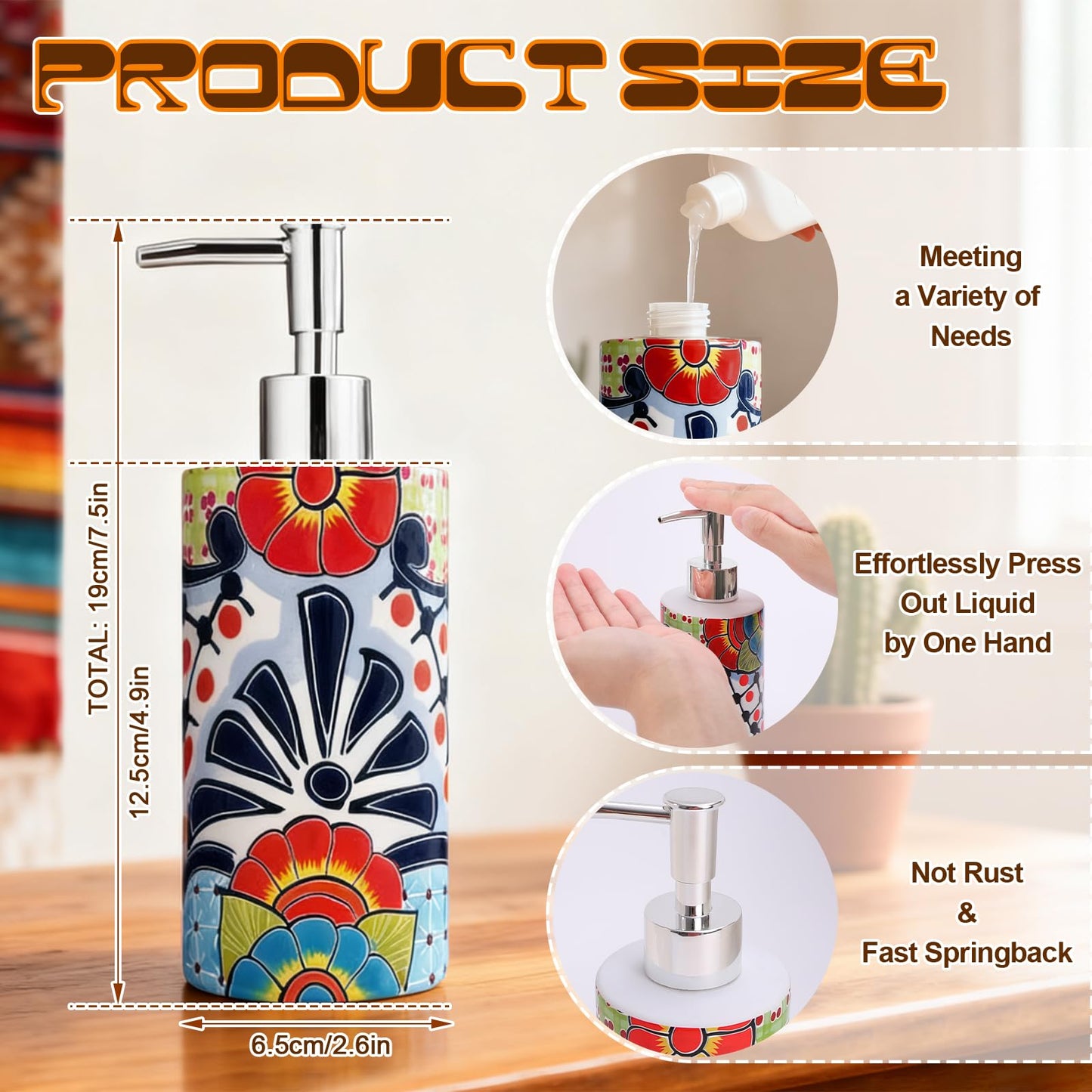 FYSUIMU Mexican Talavera Soap Dispenser Ceramic Dispenser with Pump Vintage Floral Refillable Liquid Soap Container for Mexican Fiesta Cinco De Mayo Home Kitchen Bathroom