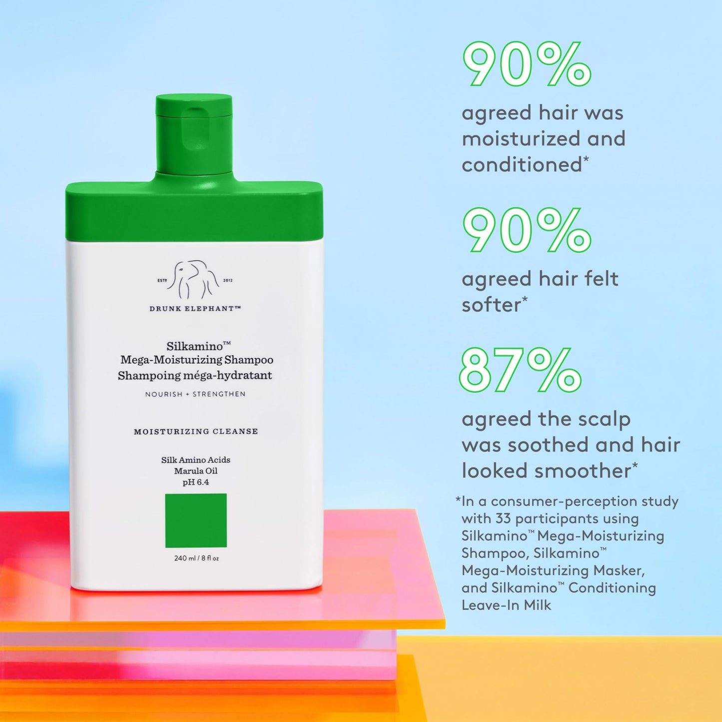 Drunk Elephant Silkamino Mega-Moisturizing Shampoo - 240 ml/8 fl oz - Silk Amino Acids - Clean Clinical - Sulfate-Free - Cruelty-Free - Dermatologist-Tested - Free of Essential Oils, Silicones, SLS