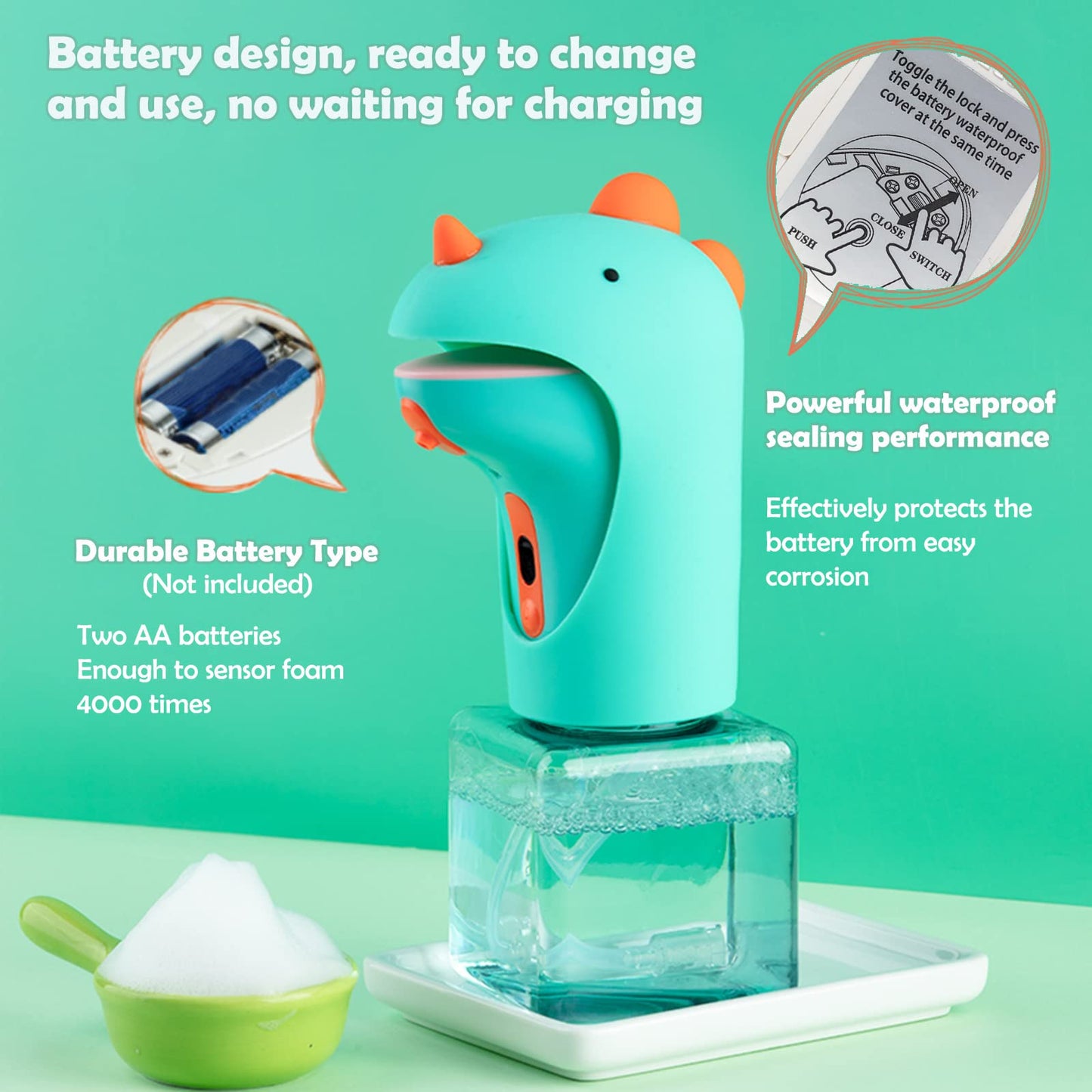 Seawah Automatic Soap Dispenser for Kids,IPX6 Waterproof Cute Dinosaur Foam Smart Hand Foaming Touchless Soap Dispenser for Bathroom Countertop, 8.7oz/250ML