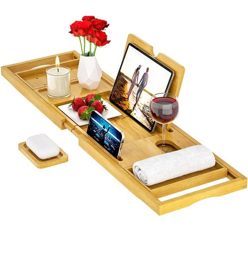 Premium Bathtub Tray Caddy - Bath Tray Bamboo Expandable - Bath Tub Tray Table for Bathtub - Expandable Size, Fits Most Bath Tubs