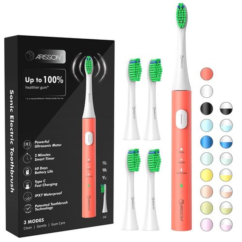 ARISSON Sonic Electric Toothbrush for Adults and Kids, 40,000 VPM Power Toothbrush, 1.5H Fast Charge Ultrasonic Electric Toothbrushes with 2 Minutes Smart Timer, White on Peach Orange