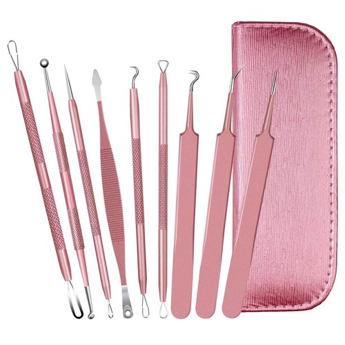 WOAMA Blackhead Remover Tools, Pimple Popper Tool Kit Extraction Acne Tools Blackhead Whitehead Remover Stainless Steel for Nose Face with Pink Bag - 9PCS