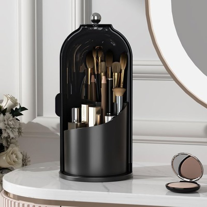 YOOLENS Makeup Brush Holder Organizer with Lid,360 Rotating Clear Dustproof Makeup Brushes Organizer for Vanity Desktop Bathroom Countertop, All Black