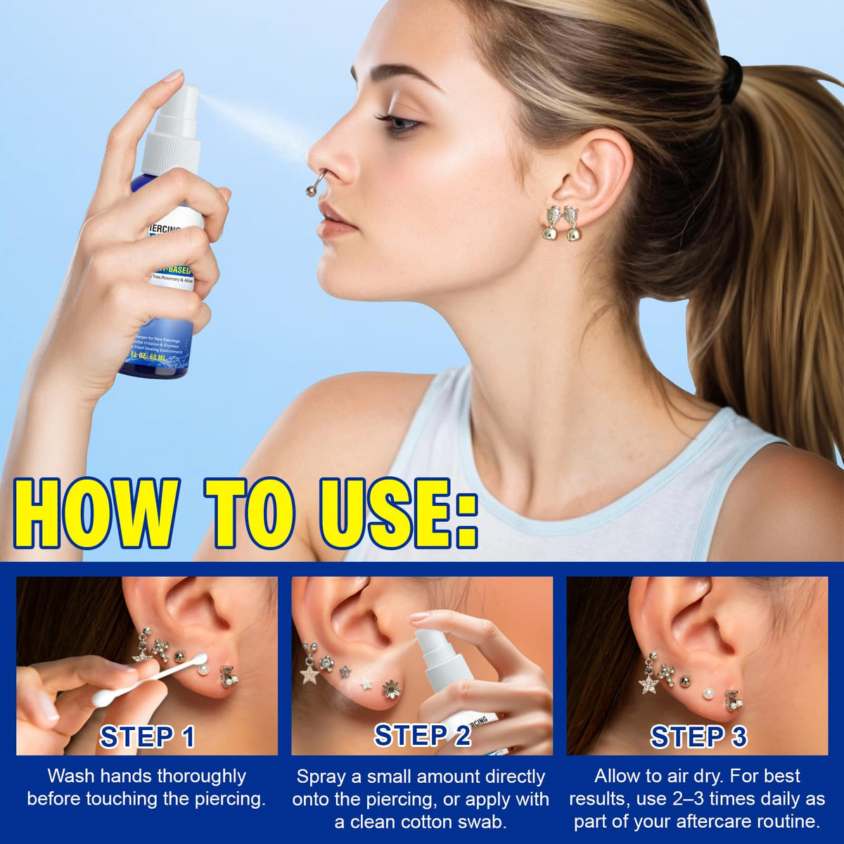 Piercing Aftercare Spray, Piercing Aftercare Solution, Sea Salt Spray for Body and Facial Piercings, Ear, Nose, Navel, Oral & Body Piercing Cleaner, Fine Mist 2 Fl Oz