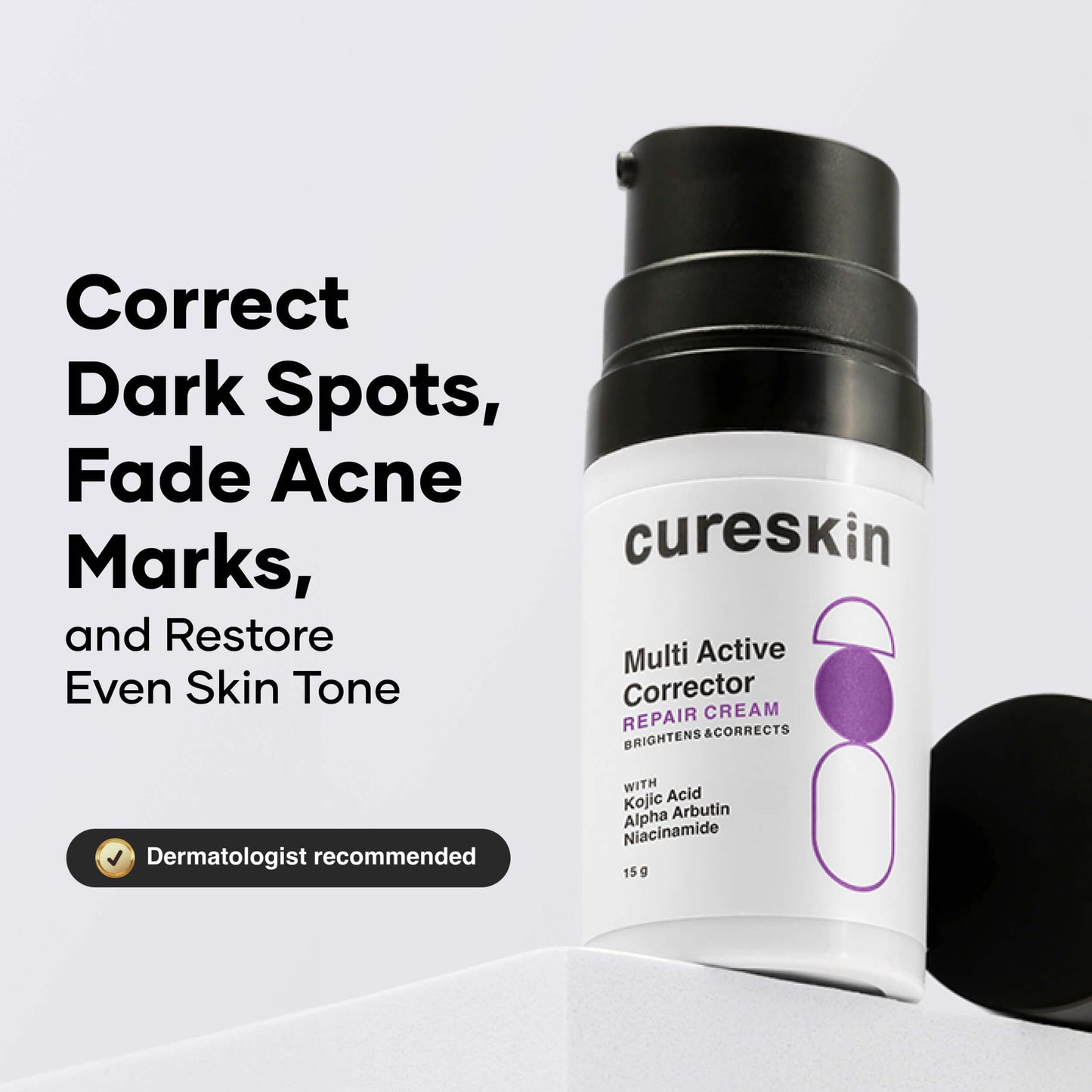 Cureskin Multi-Active Corrector Kojic Acid Face Cream | Kojic Acid, Alpha Arbutin & Niacinamide | For Uneven Skin Tone, Dullness & Visible Spots, 0.53 Ounce (Pack of 1)