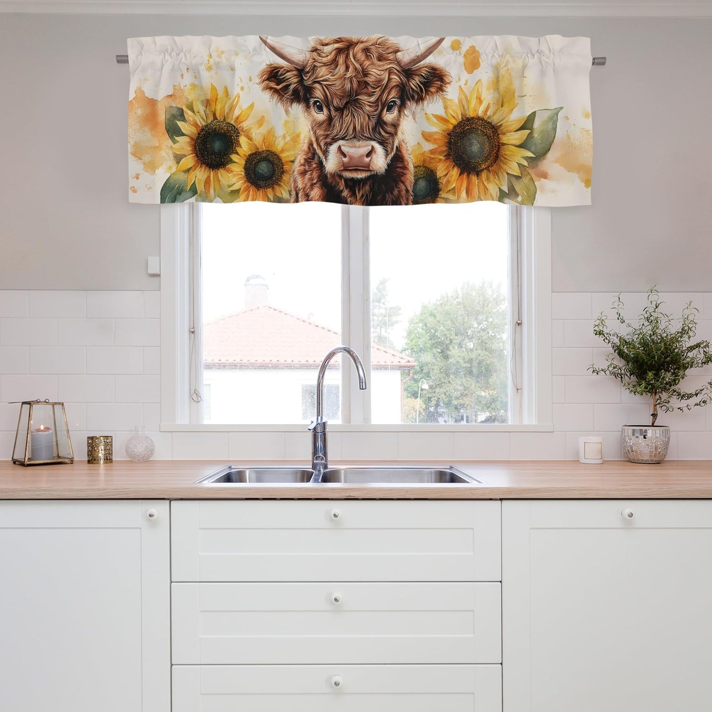 Pynnlts Watercolor Cow Sunflowers Curtains Highland Cow Window Valances Highland Yak Yellow Sunflower Kitchen Valances Farm Animal Rod Pocket Window Treatments for Living Room Bedroom 54x18 in 1 Pack