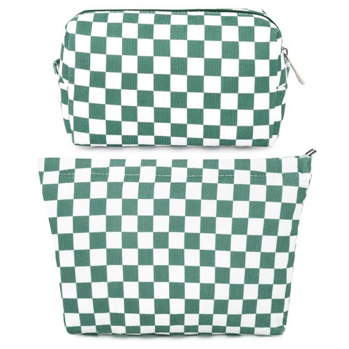 SOIDRAM 2 Pcs Checkered Makeup Bag Large Cosmetic Bag Toiletry Bag Makeup Pouch Travel Bag Organizer Cute Makeup Brushes Aesthetic Accessories Storage Bag for Women Olive Green