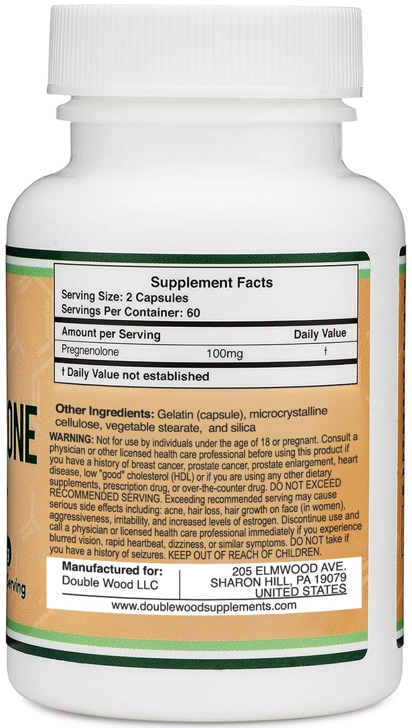 Pregnenolone 100mg per Serving (Converted to Progesterone to Boost Progesterone Levels) - Third Party Tested - 120 Capsules (50mg per Capsule) Non-GMO by Double Wood