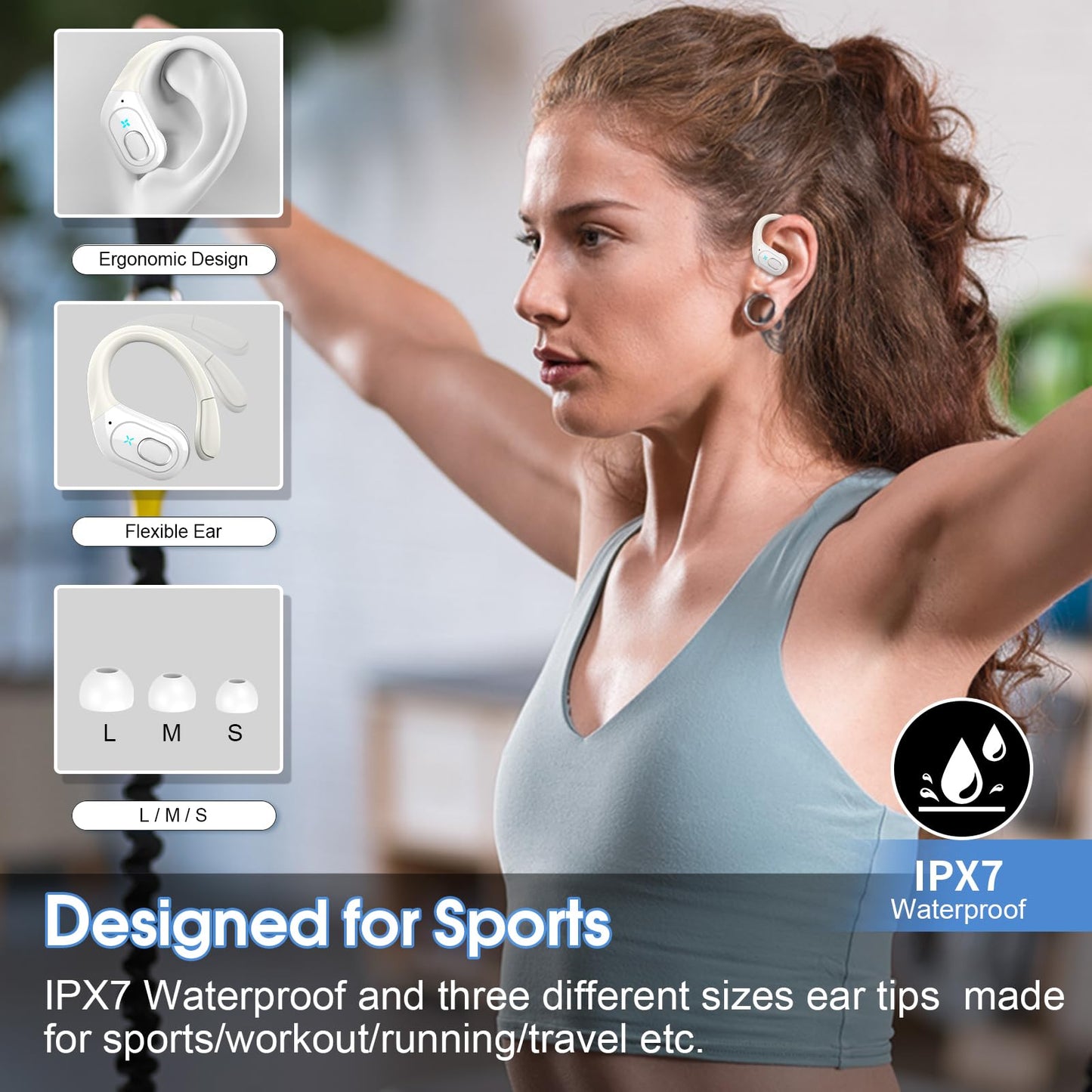 Wireless Earbuds 75H Bluetooth 5.4 Sport Headphones with Earhooks, White