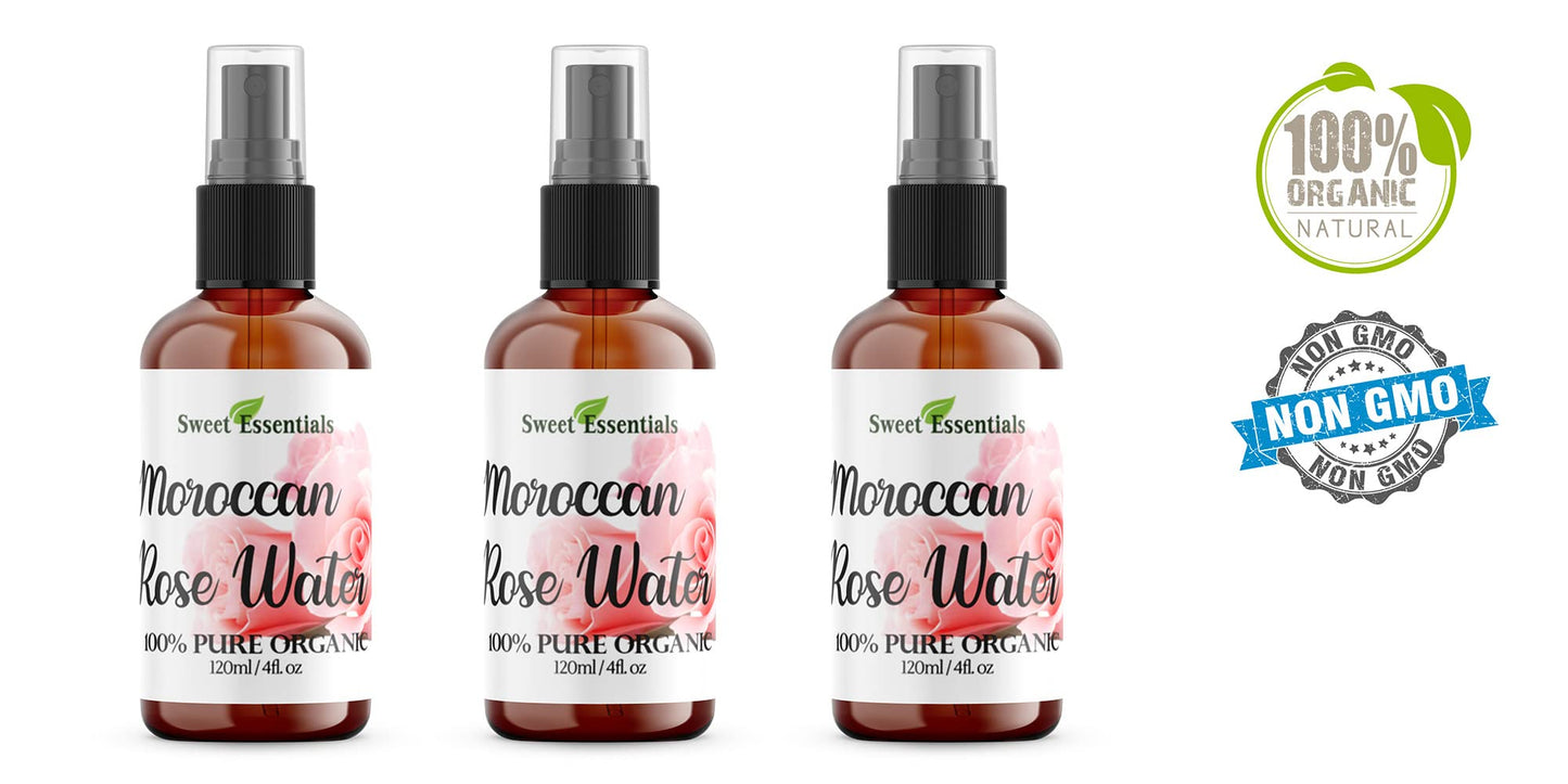 Pack of 3 Premium Organic Moroccan Rose Water - 4oz W/Sprayer - Imported From Morocco - 100% Pure (Food Grade) No Oils or Alcohol - Rich in Vitamin A & C Perfect for Hydrating & Rejuvenating Your Skin