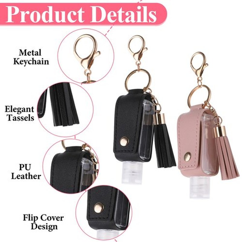Molain 2 Pcs Hand Sanitizer Keychain 30ml Portable Leather Hand Sanitizer Holder Leakproof Empty Bottles Hand Sanitizer Travel Holder Bottle Refillable for Lotion Liquid Soap Shampoo(Pink,Black)