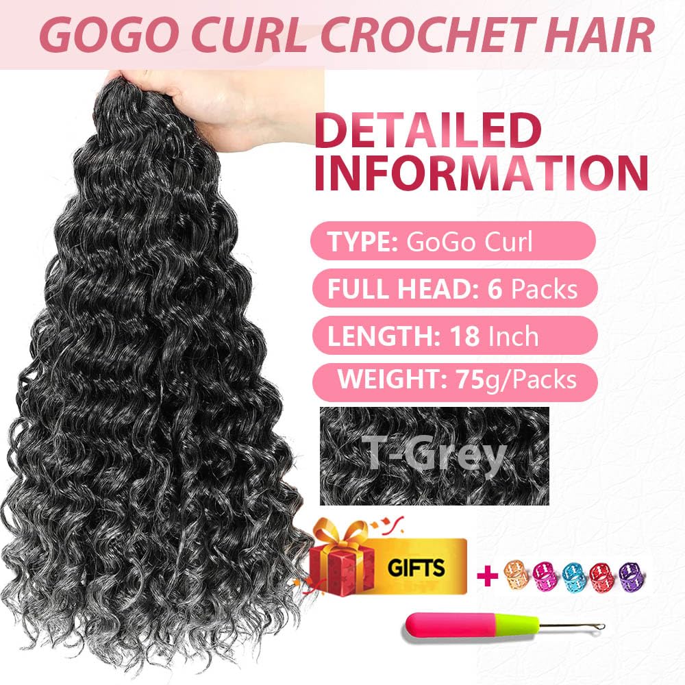 GoGo Curl Crochet Hair 18Inch 6Packs Gogo Curls Crochet Synthetic Braiding Hair Curl Crotchet Hair for Black Women (18 Inch (Pack of 6), 1B/Grey)