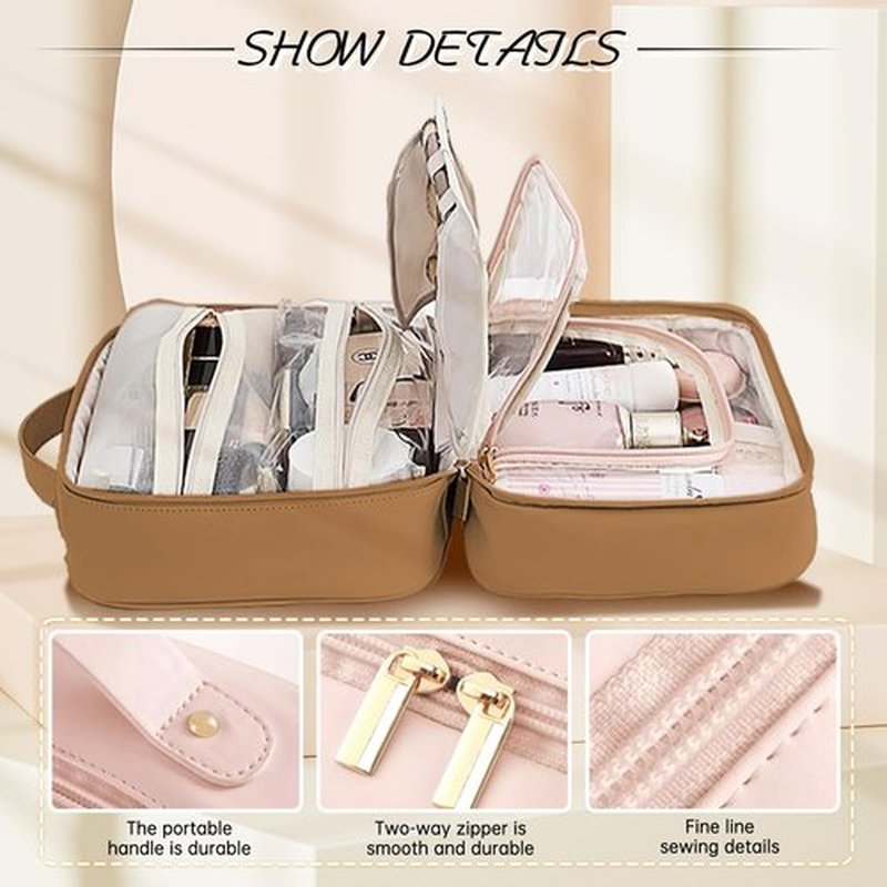 Doblopup Multi Compartment Toiletry Cosmetic Bag, PU Large makeup bag with compartments, Set Patient Multi Compartment Toiletry Cosmetic Bag For Women Girls Travel makeup bag with compartments (brown)