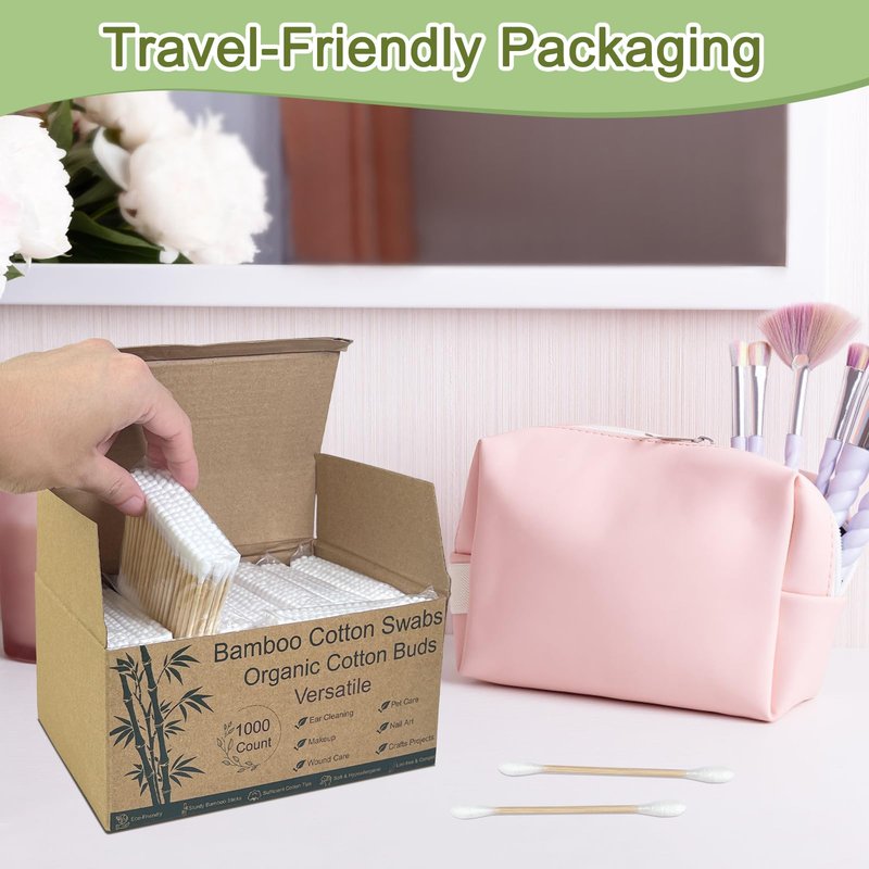 Meanhoo 1000 Count Bamboo Cotton Swabs – Sturdy Wooden Sticks for Makeup & Personal Care, Biodegradable Double-Tipped Cotton Buds – Gentle & Absorbent Applicator for Home & Travel (10 Packs of 100)