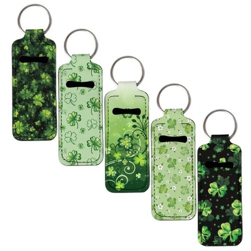 SEANATIVE St. Patrick's Day Green Leaf 5 Pieces Lipstick Keychain Holder Lip Balm Holder Keychain Clip on Sleeve Chapstick Lip Gloss Holder Colorful Lipstick Pocket Keychain Bag Accessories for Women