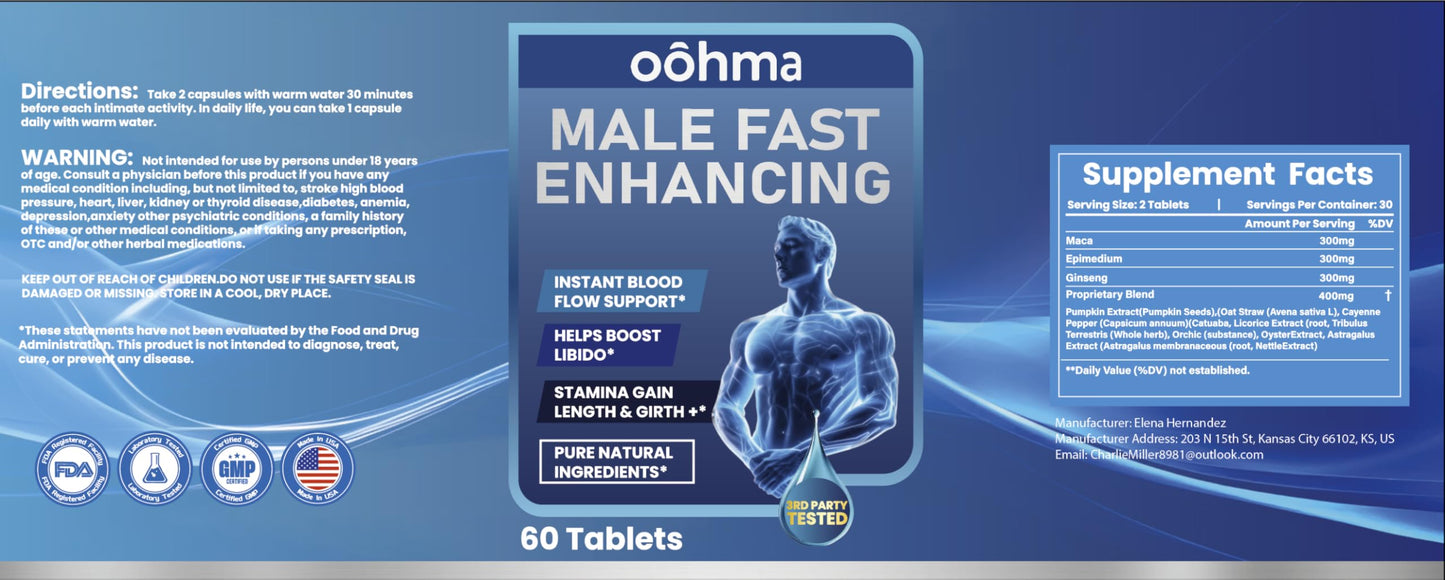 Oohma New Male Enhancing Supplement, Designed to be Fast Acting for Blood Flow to Gain Length & Girth + Stamina, Maca, Epimedium, and Other Natural Ingredients, 3rd Party Tested Supplement 60 Tablets