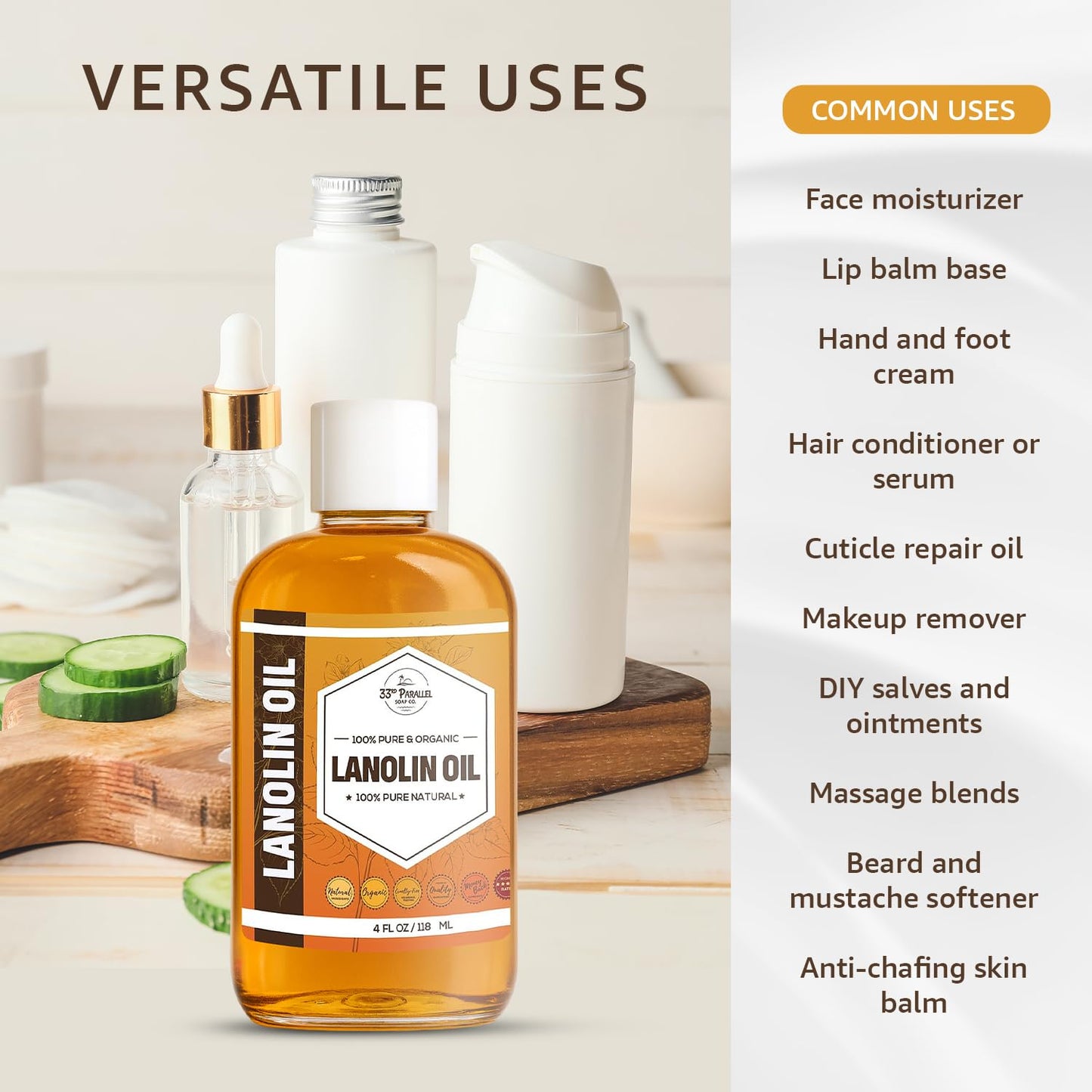 Lanolin Oil (8oz) | Cold Pressed Unrefined |Deep Moisturizer for Skin, Lips & Hair | Softens, Protects & Restores Dry or Cracked Skin | Natural Emollient for Creams, Balms & Conditioners | 8 OUNCES