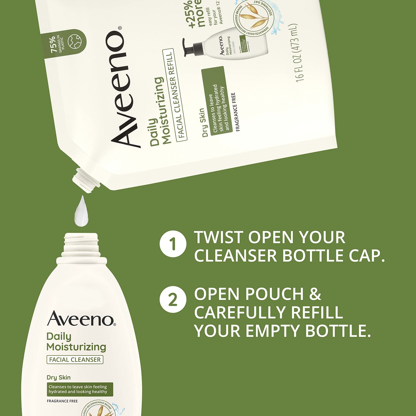 Aveeno Daily Moisturizing Facial Cleanser with Soothing Non-GMO Oat, Leaves Skin Feeling Hydrated, Soft & Supple, Paraben-, Sulfate-, Fragrance-, Dye- & Soap-Free, Refill Pouch, 16 fl. oz (Pack of 3)