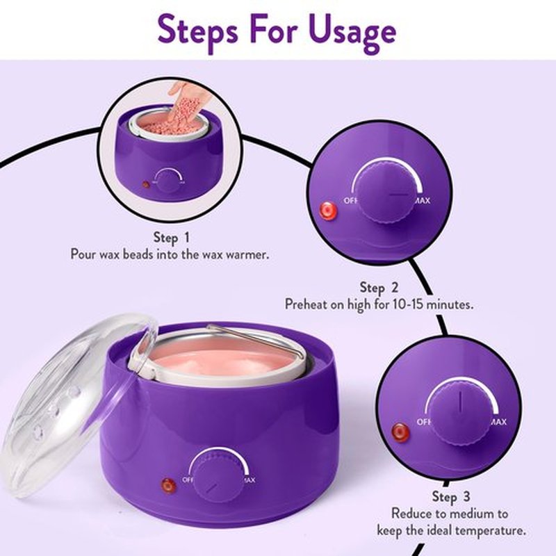Professional Portable Wax Warmer Machine: Melts Hard Wax Beads for Body Face Hair Removal - with 14oz Wax Pot Adjustable Temperature Clear Lid (Purple)