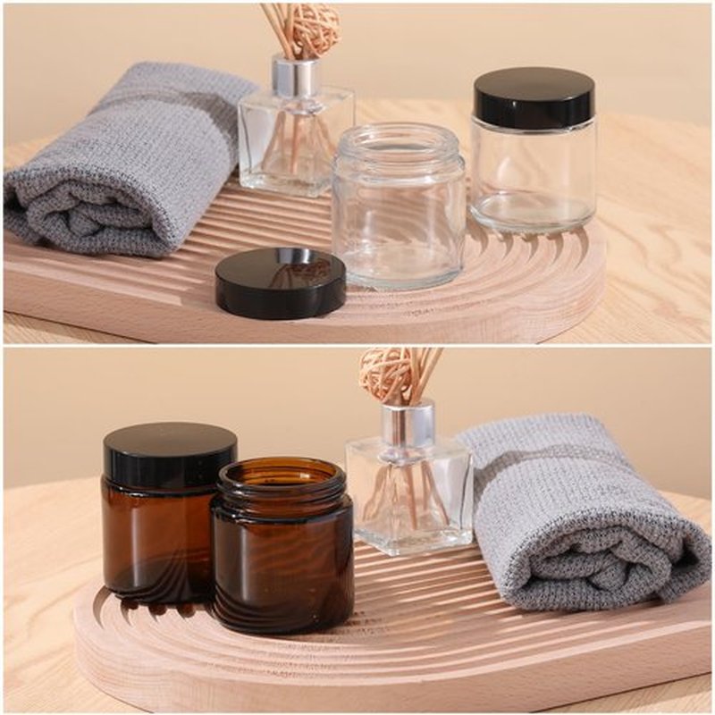 Norme 24 Pcs 4 oz Glass Jars with Lids Leakproof Round Airtight Jars Empty Cosmetic Jars with Inner Liners Lid for Storing Lotions Powder Ointments Candle Making (Black,Amber and Clear)
