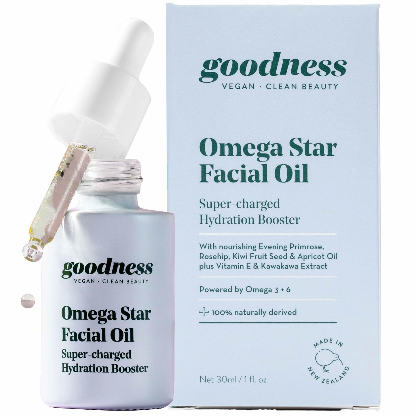Goodness Omega Star Facial Oil – Hydrating Face Oil with Rosehip, Jojoba & Vitamin E – Non Greasy Vegan Oil for Dry, Sensitive & Acne Prone Skin – 1 fl oz