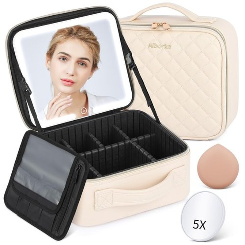 Aiborke Travel Makeup Bag with Led Mirror Make up Case with Lighted Mirror Cosmetic Organizer bag with Adjustable Dividers and 5X Magnifying Mirror Makeup Box Organizer Vanity Case for Women (Beige)