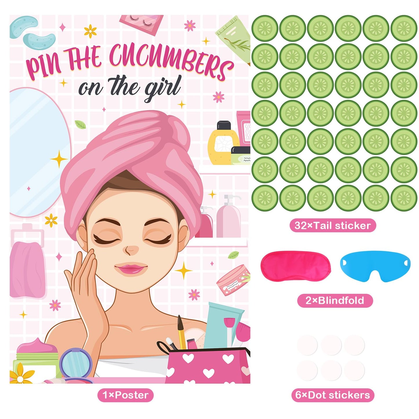Hxezoc Spa Party Games Pin The Cucumbers on The Girl With 42 Pcs Cucumber Stickers, Large Spa Party Games Poster for Kids Girls Women Spa Birthday Party Carnival Supplies