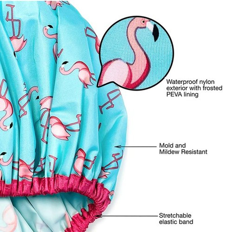 Reusable Shower Cap & Bath Cap & Lined, Oversized Waterproof Shower Caps Large Designed for all Hair Lengths with PEVA Lining & Elastic Band Stretch Hem Hair Hat - Fashionista Flamingo Party