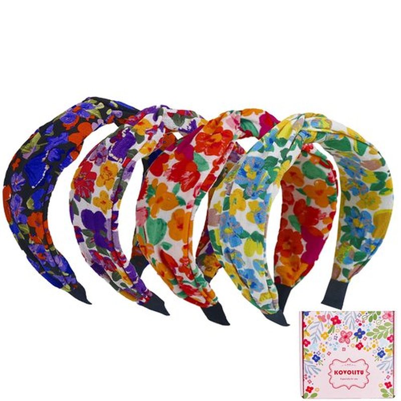KOVOLITU 4 Pack Flower Print Knotted Headbands for Women Fashion Hair Bands Wide Cross Knot Headbands -Oil Painting