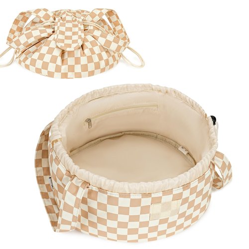 Barrel Drawstring Checkered Makeup Bag Large Cosmetic Bag Make up Bags Toiletry Organizer for Women (Light Checkerboard) (Patent)