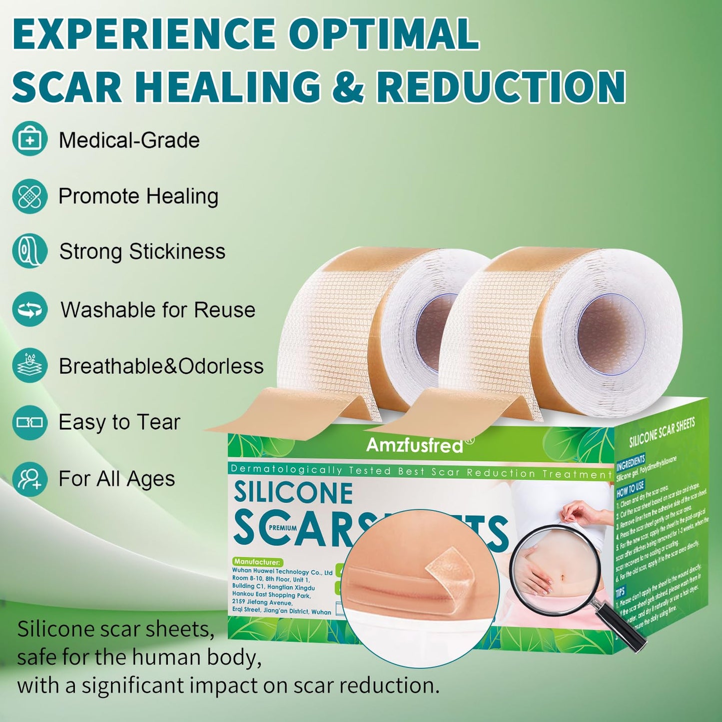 2 Pack Silicone Scar Sheets, Silicone Scar Tape, Scar Sheets for Surgical Scars, Reusable Silicone Scar Strip For Surgical, C-Section,Tummy Tuck, Keloid Scars, Burn, Acne, Removal