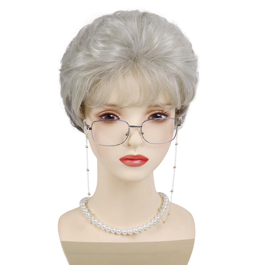 GNIMEGIL Old Lady Wig Set Synthetic Hair Ombre Grey Grandma Wig for 100 Days of School Mommy Costume Granny Outfits White Women Short Curly Wig with Glasses, Necklace & Chain for Older Ladies