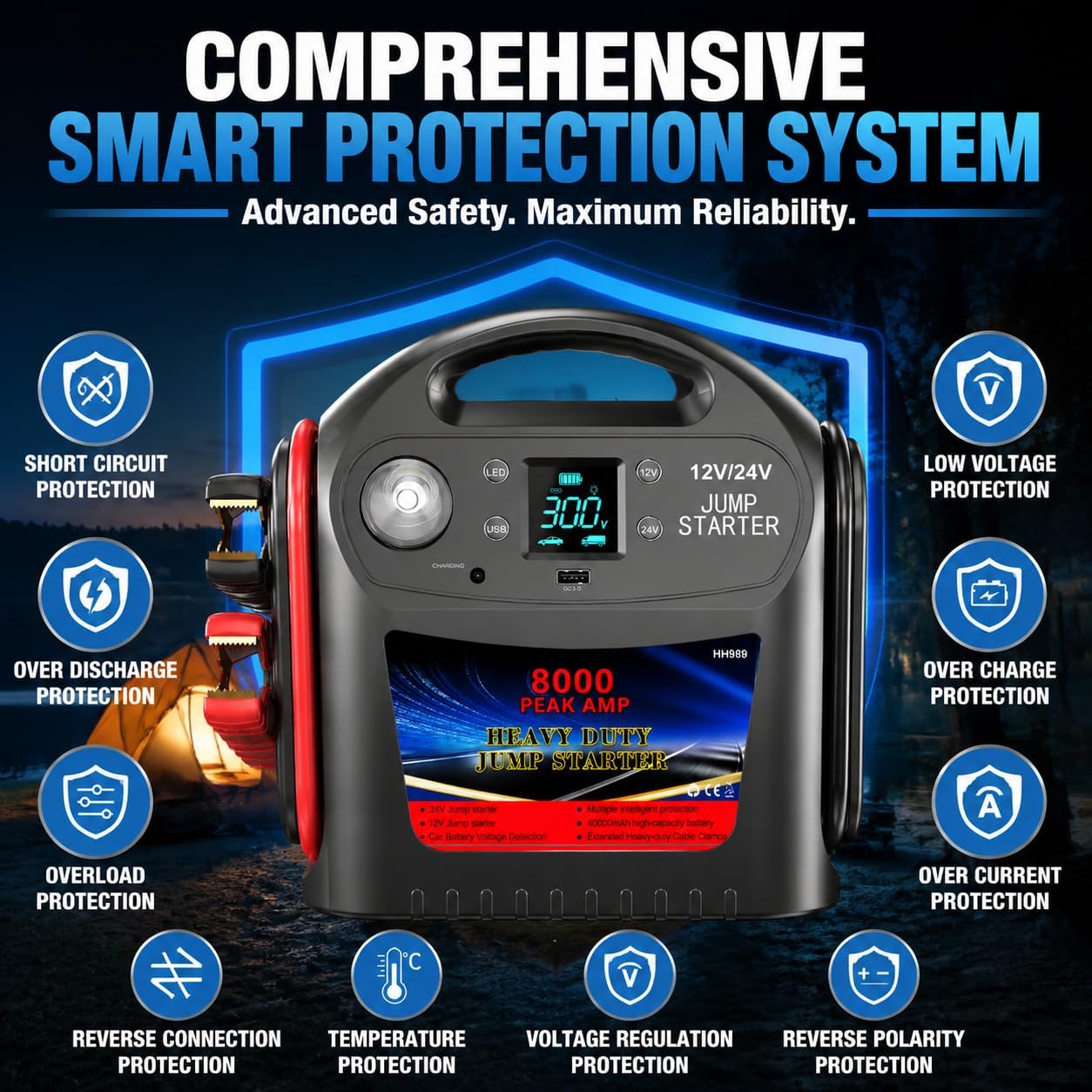 8000A Car Battery Jump Starter, Heavy Duty Jump Box for Gas & Diesel Vehicles, 12V/24V Portable Power Pack with LED Light for Trucks, SUVs, Commercial & Diesel Engines