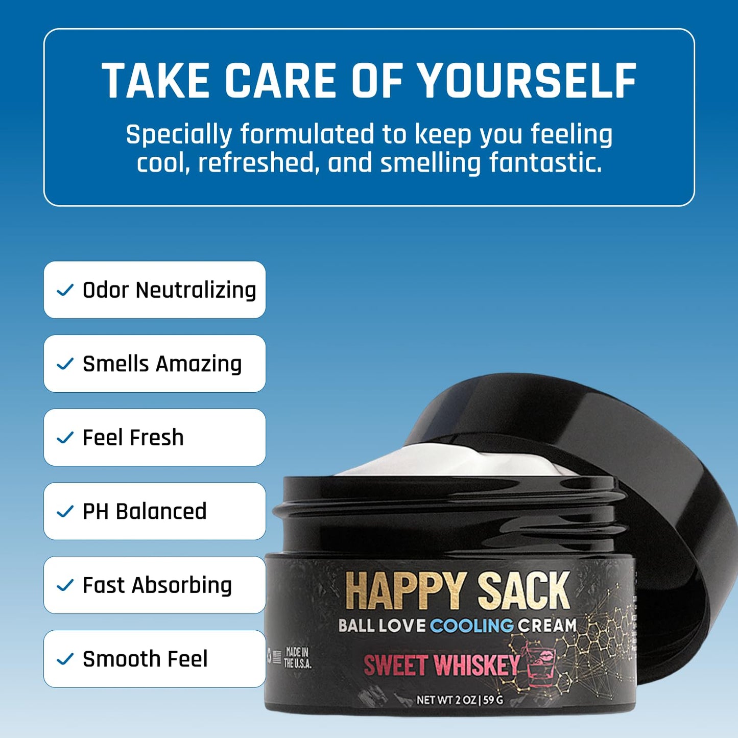 Derm Dude Happy Sack Ball Deodorant & Comfort Cream for Men | Anti-Chafing Sweat Defense, Odor Control, Aluminum-Free Deodorant & Hygiene Products for Men's Private Parts | Sweet Whiskey Scent, 2oz