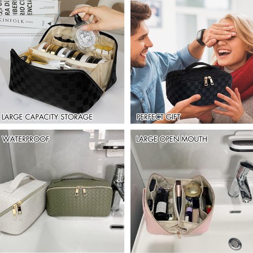 MINGRI Large Capacity Travel Cosmetic Bag for Women,Portable PU Leather Checkered Makeup Bag Water Resistant,Flat Open Multifunctional Storage Toiletry Bag with Divider and Handle (Grid-Black)