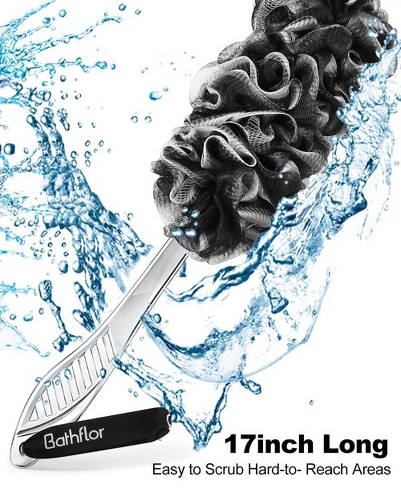 Loofah Sponge, 80g Loofahs for Men Women, 5-in-1 Large Shower Loofah Exfoliating Body Scrubber, 2 Bath Sponge Loofa Packs, 2 Loofah with Handle Body Wash Back Scrubber, 1 Luffa Hook, Black