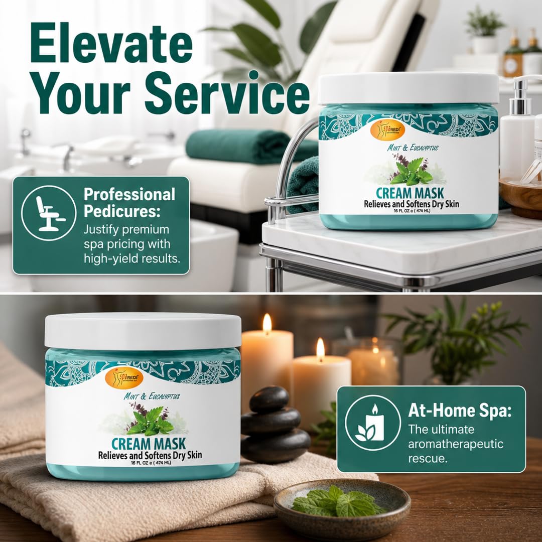 SPA REDI Foot & Body Cream Mask – Mint & Eucalyptus Cooling Treatment for Cracked Heels & Dry Skin | Hyaluronic Acid, Paraben-Free, Sulfate-Free | Professional Salon & At-Home Spa Use | 16 oz