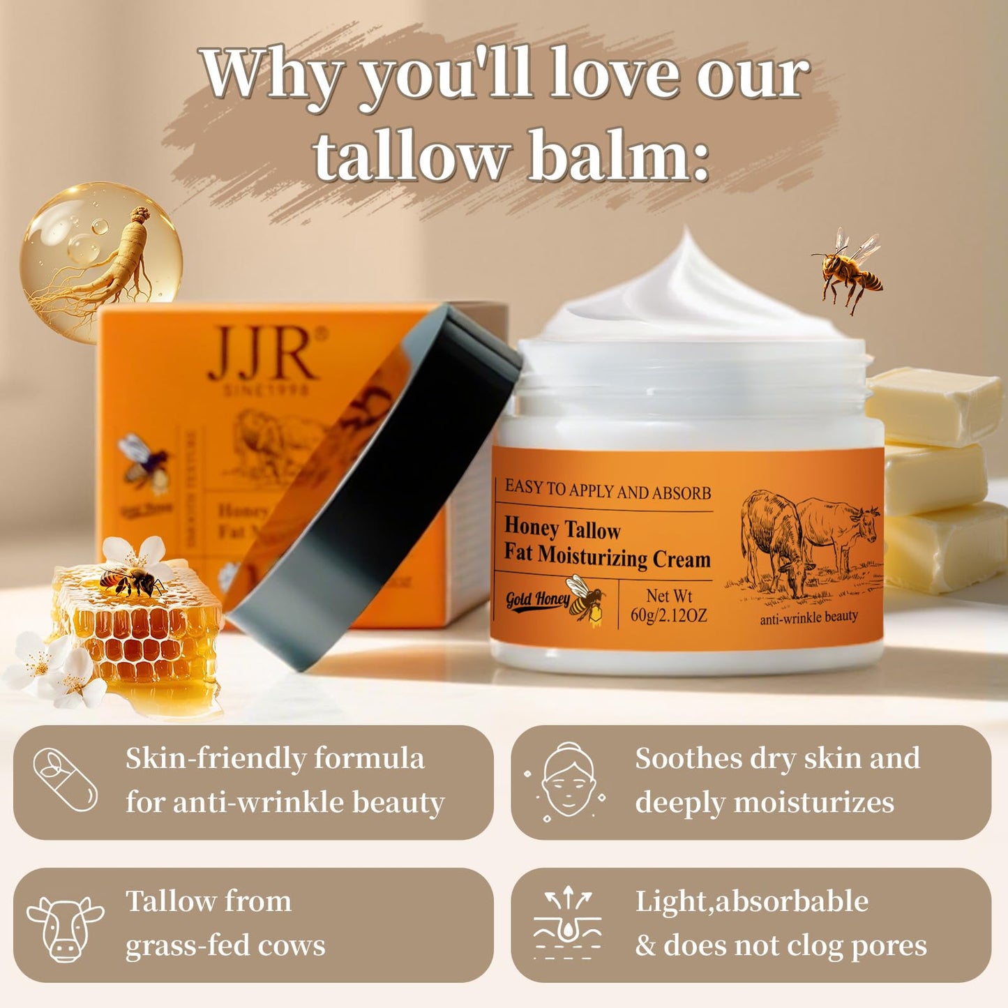 Balasoma Beef Tallow for Skin - Tallow and Honey Balm for Face Body - Contains Natural Plant Ingredients - Deep Moisturizing and Nourishing with Anti-aging Effects