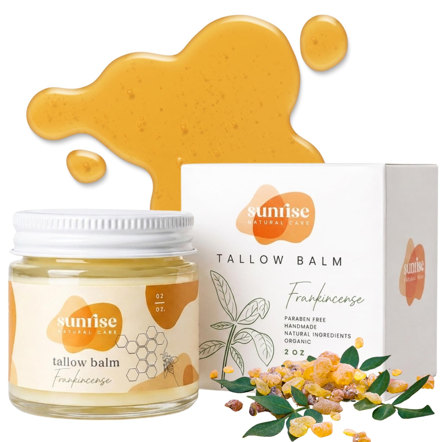 Sunrise Natural Care Unwhipped Honey and Tallow Balm - Travel Size - Face and Body Moisturizer - Organic Ingredients - No Fillers - 100% Grass Fed Beef Tallow (2 Ounce (Pack of 1), Frankincense)