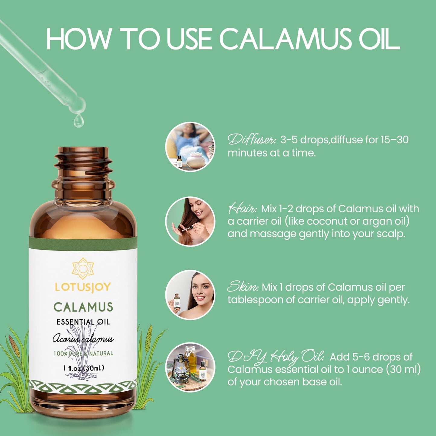 LOTUSJOY Calamus Essential Oil for Skin Hair Diffuser DIY Anointing Oil- 1 Oz